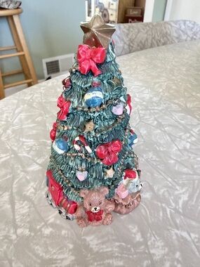 Ceramic Christmas Tree Figurine with Holiday Ornaments - Green & Red